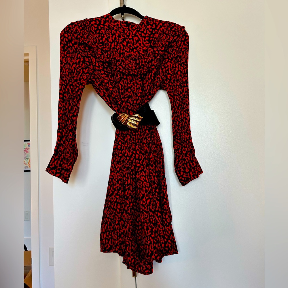 Zara red leopard print mini dress with ruffle neck and long sleeves